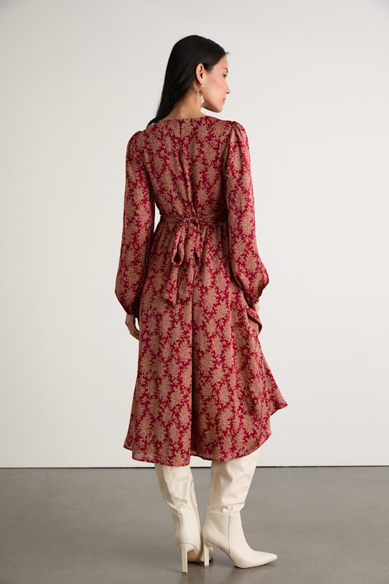 Graceful Impression Wine Red Floral Print Midi Dress