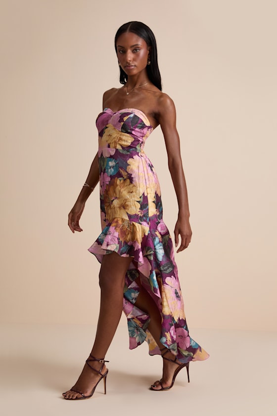 Blushing Darling Plum Multi Floral Strapless High-Low Maxi Dress