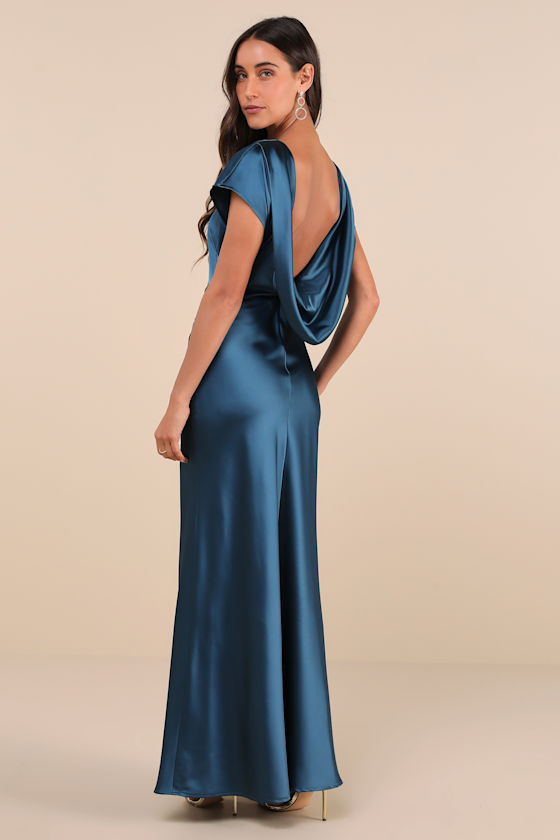 Captivating Presence Dark Teal Satin Cowl Back Maxi Dress