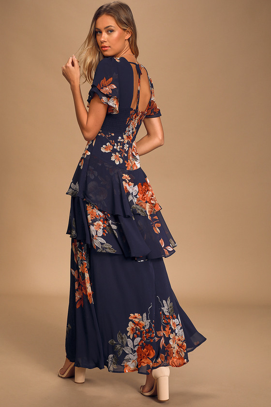 Midnight Mood Navy Blue Floral Print Tiered Maxi Dress