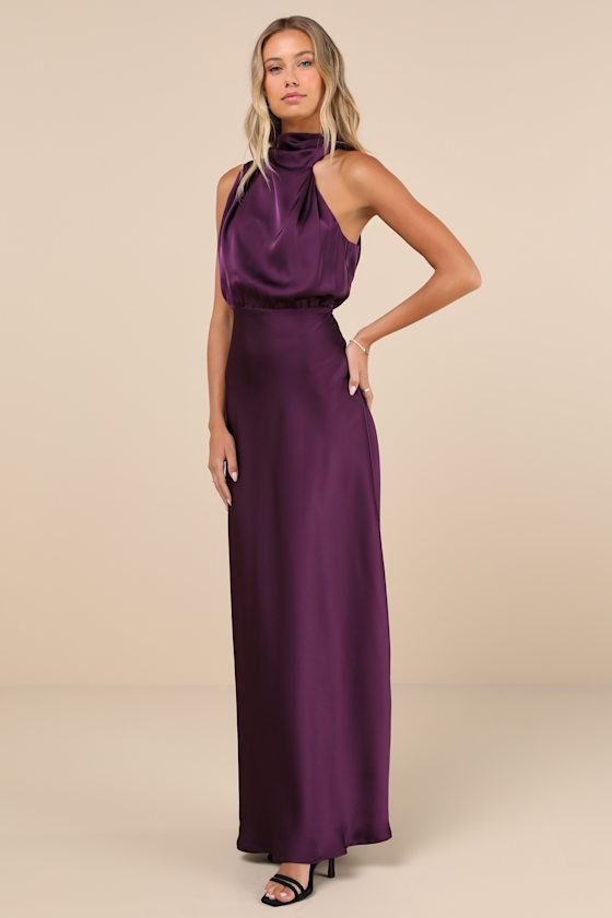 Distinctive Charm Purple Satin Asymmetrical Maxi Dress
