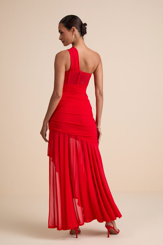 Marcellina Red Mesh Ruched One-Shoulder Maxi Dress