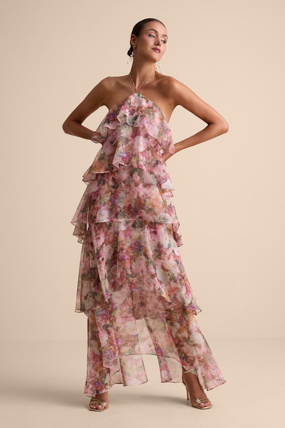 Melody Pink Floral Tiered Halter Maxi Dress