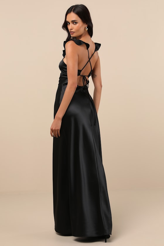 Exuberant Luxury Black Satin Ruffled Lace-Up Maxi Dress