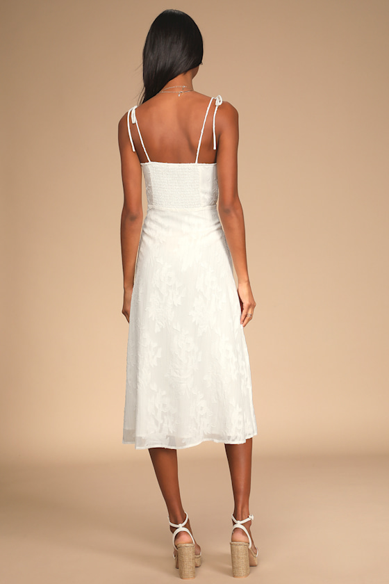 Loveliest Looks White Floral Jacquard Tie-Strap Midi Dress