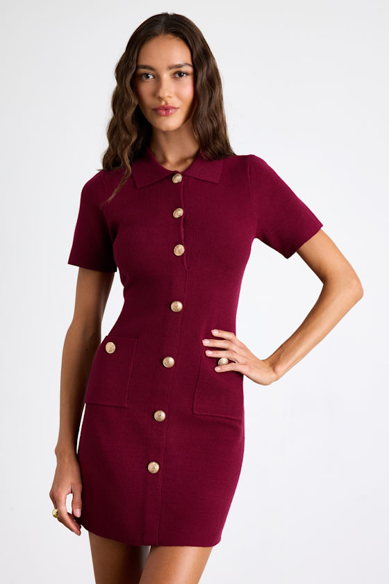 Posh Outcome Wine Red Short Sleeve Sweater Mini Dress