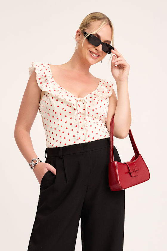 Vivi White Polka Dot Satin Ruffled Tie-Back Top