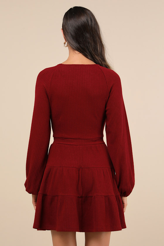 Adorable Option Wine Red Long Sleeve Mini Sweater Dress