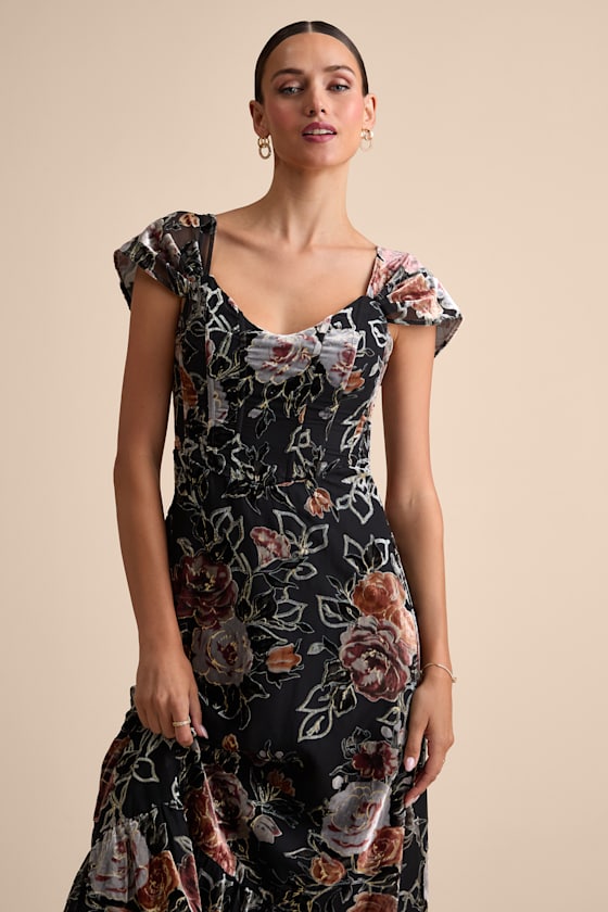 Composed Beauty Black Burnout Velvet Floral Midi Dress