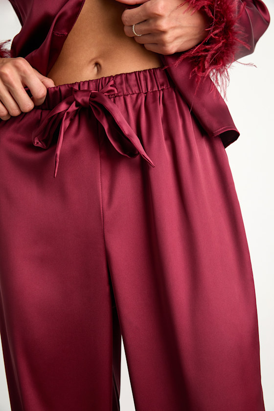 Dreamiest Delight Burgundy Satin Feather Two-Piece Pajama Set