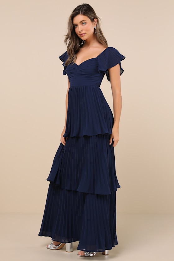 Notorious Charm Navy Blue Pleated Flutter Sleeve Maxi Dress