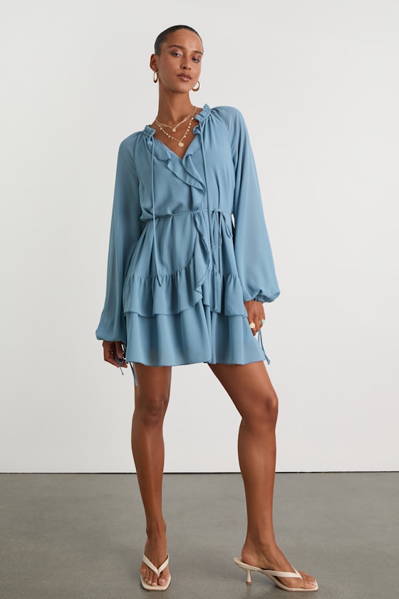 Allirah Light Blue Ruffled Long Sleeve Mini Dress