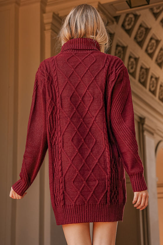 Cuddle Up Close Burgundy Cable Knit Turtleneck Sweater Dress