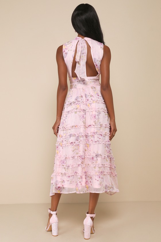 Happily Sweet Light Pink Floral Mock Neck Backless Midi Dress