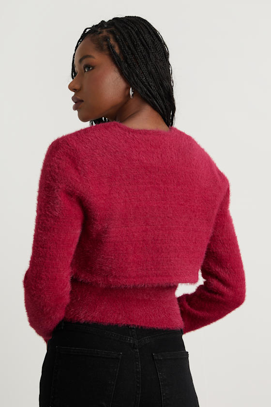 Mekea Berry Red Eyelash Knit Tank Top and Cropped Cardigan Set