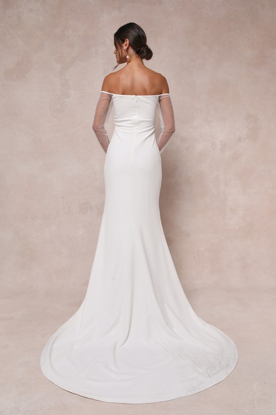 Eternally Beloved White Mesh Off-the-Shoulder Pearl Maxi Dress