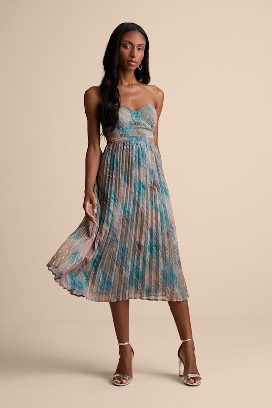 Juniva Teal Multi Abstract Print Pleated Bustier Midi Dress