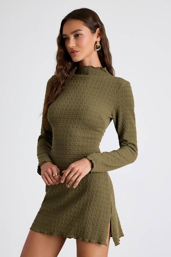 Flattering Forecast Olive Green Textured Long Sleeve Mini Dress