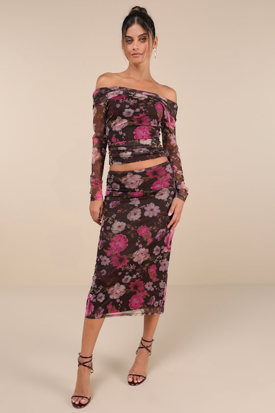 Unforgettably Sweet Brown Floral Print Mesh High-Rise Midi Skirt