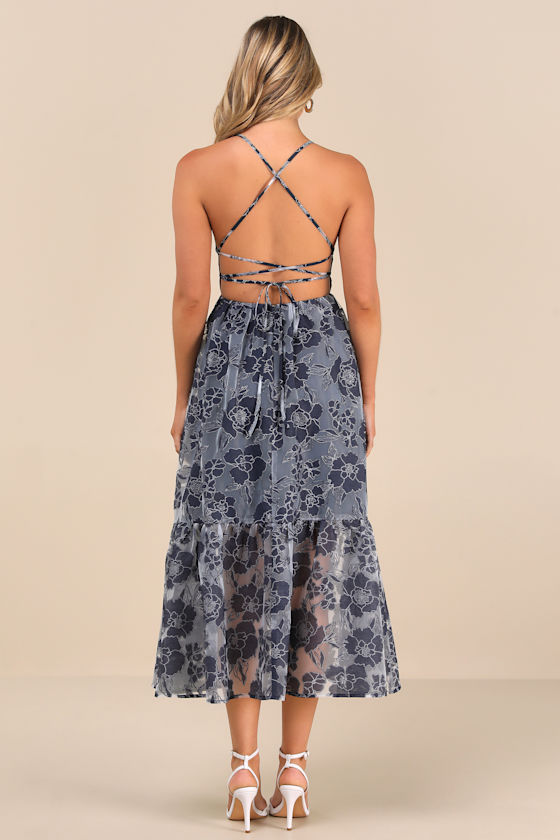 Feeling Like Forever Navy Jacquard Organza Lace-Up Midi Dress