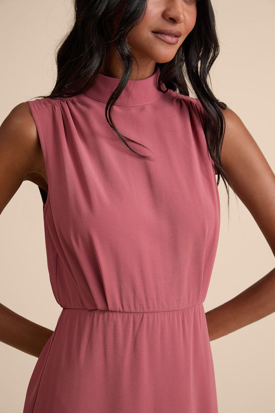 Classic Elegance Rusty Rose Sleeveless Mock Neck Maxi Dress