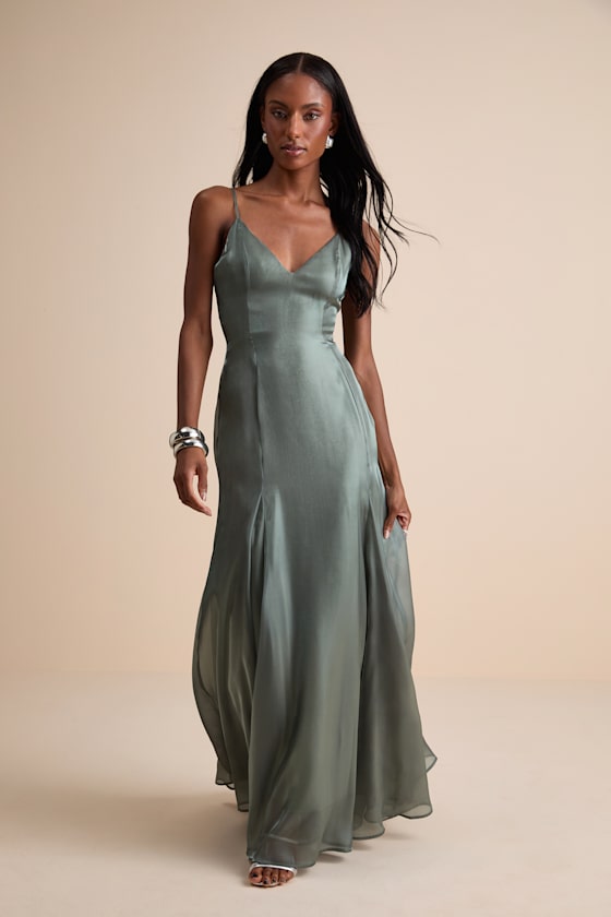 Luziel Sage Green Organza Pleated Maxi Dress