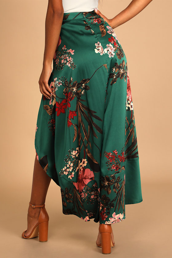 Superbly Stunning Emerald Green Floral Print Satin Maxi Skirt