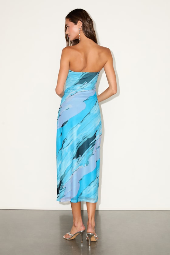 Jaylah Light Blue Multi Mesh Strapless Midi Dress