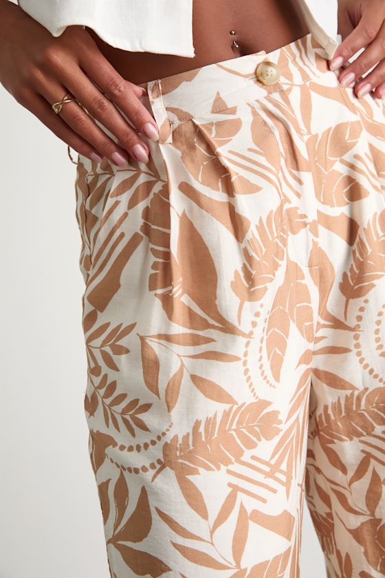 Rosetta Ivory and Tan Leaf Print Wide-Leg Pants