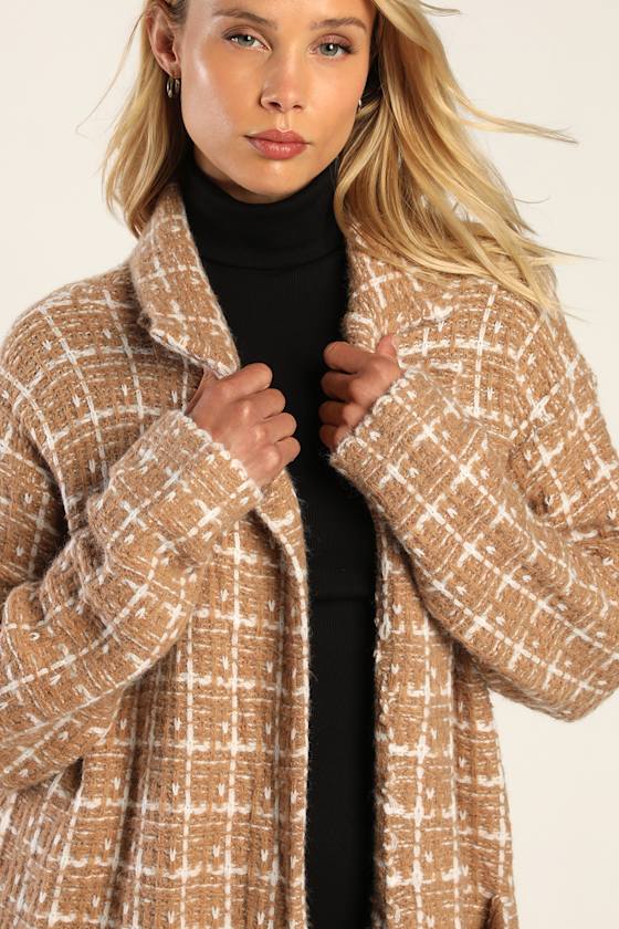 Cozy Conditions Tan and White Knit Plaid Coatigan