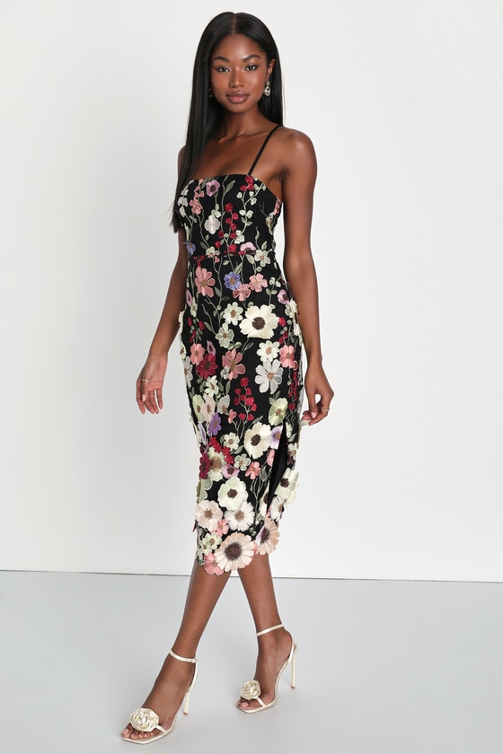 Thriving Energy Black 3D Floral Embroidered Lace-Up Midi Dress