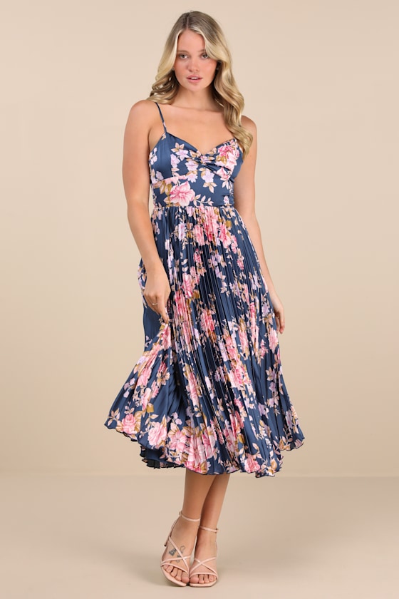 Francette Navy Floral Satin Pleated Midi Dress