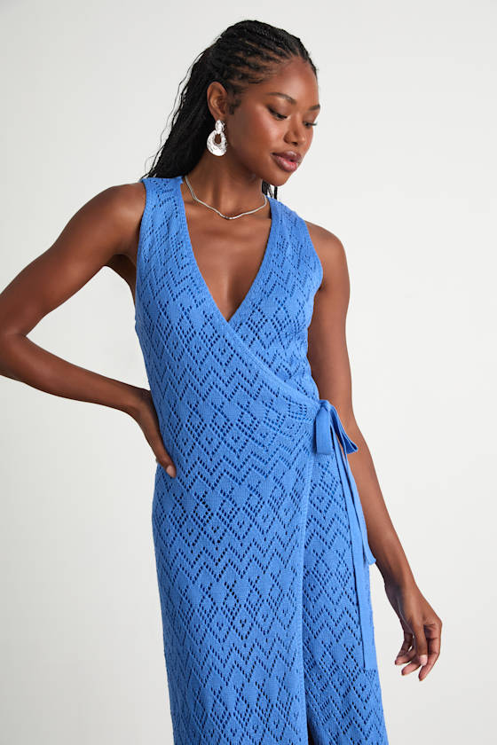 Kasper Blue Pointelle Knit Wrap Midi Dress