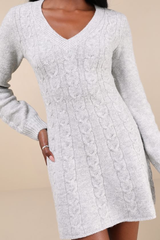 Snuggly Chic Grey Cable Knit Long Sleeve Sweater Mini Dress
