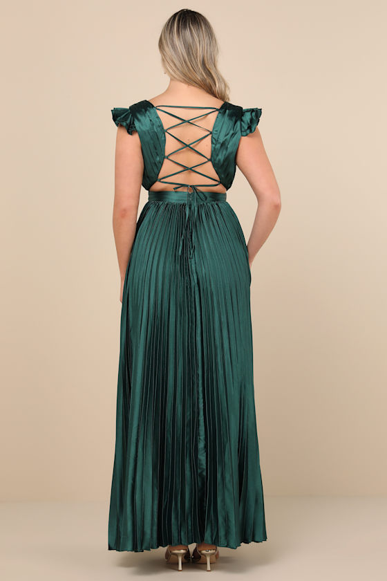 Exceptional Drama Emerald Satin Lace-Up Pleated Maxi Dress
