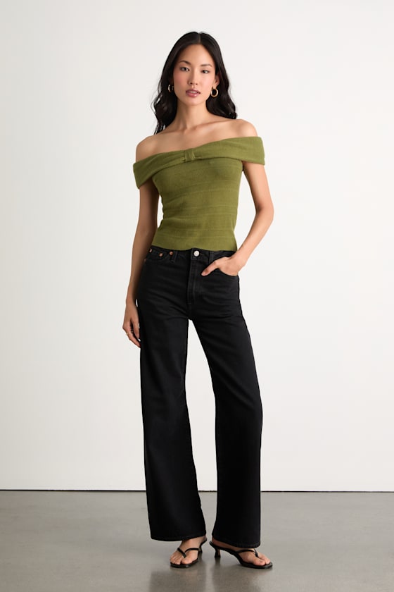 Judah Olive Green Off-the-Shoulder Sweater Top