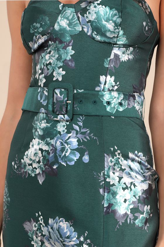 Luxe Sweetie Emerald Floral Taffeta Belted Strapless Maxi Dress