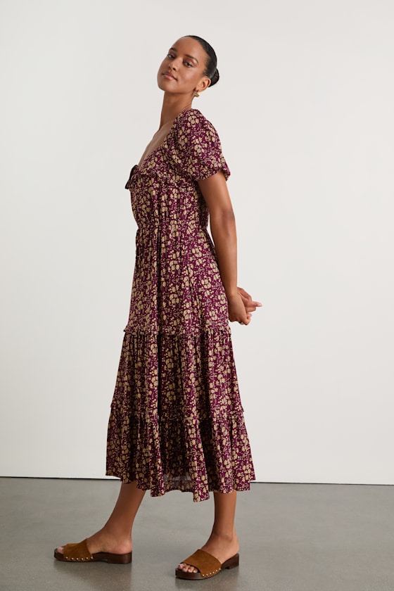Adorable Ideal Burgundy Floral Print Tiered Ruffled Midi Dress
