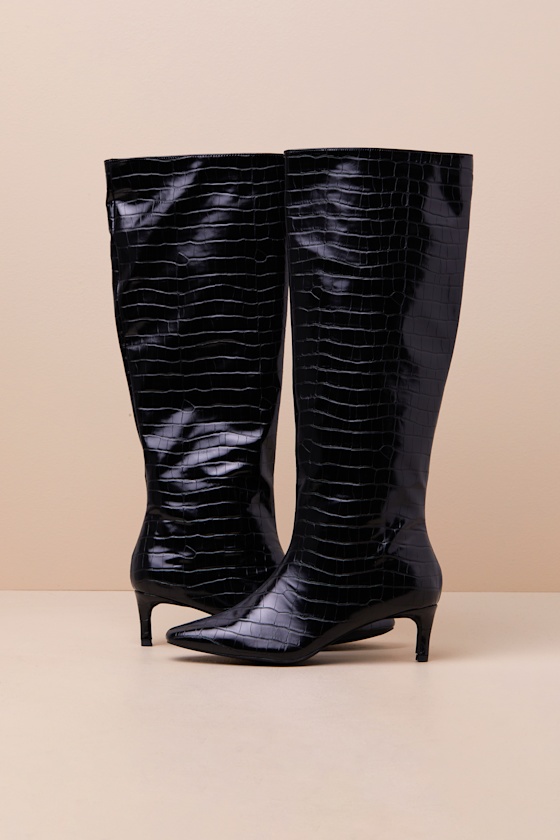 Rohmer Black Croc-Embossed Over-the-Knee Boots