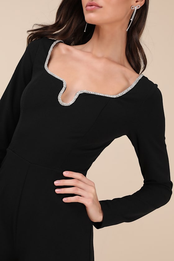 Marvelous Sparkle Black Rhinestone Long Sleeve Romper