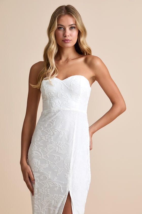 Exquisite White Velvet Burnout Strapless Maxi Dress