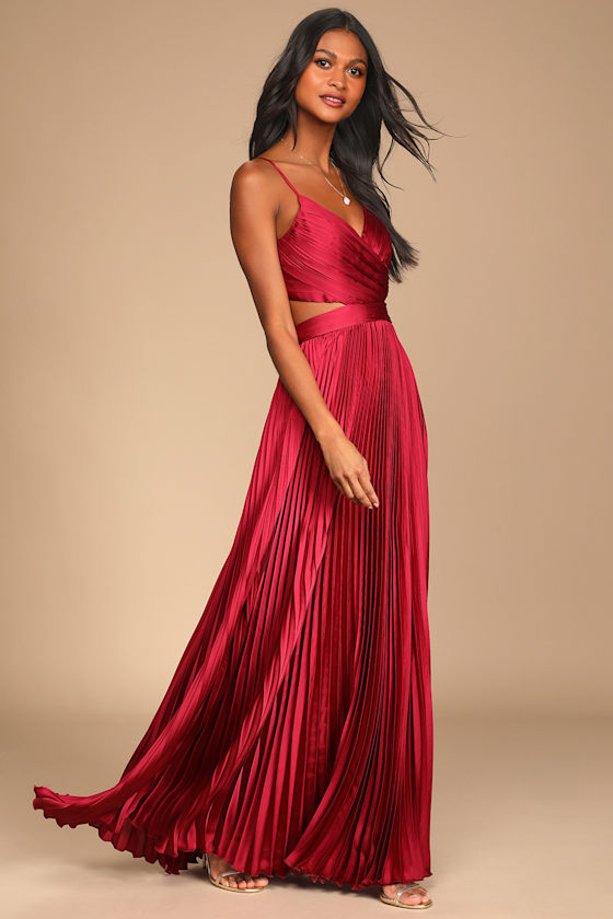 Got the Glam Wine Red Pleated Cutout Maxi Dress