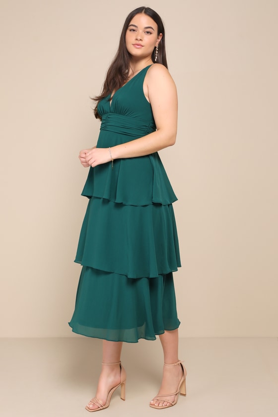 Celebration Time Emerald Green Sleeveless Tiered Midi Dress