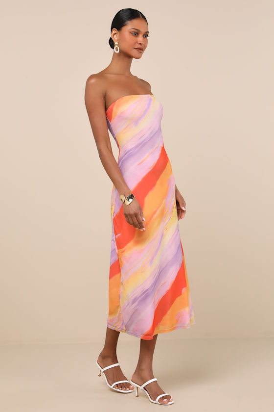 Jaylah Lavender Multi Mesh Strapless Midi Dress