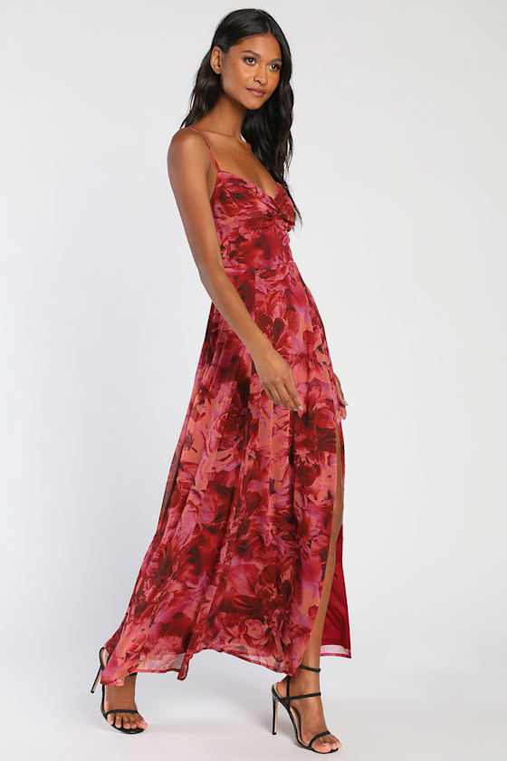 Beautiful Soul Burgundy Floral Print Twist-Front Maxi Dress