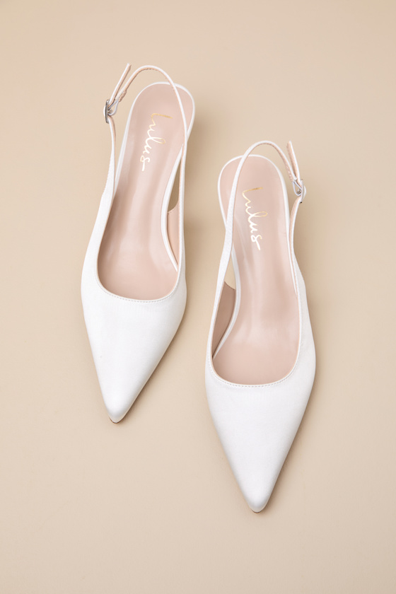 Agnesca White Satin Slingback Kitten Heel Pumps