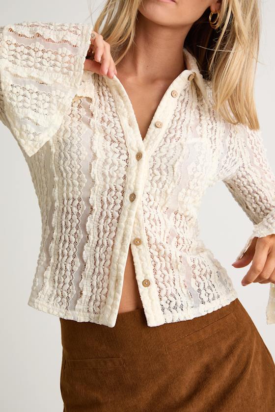 Malisa Cream Textured Lace Button-Front Long Sleeve Top