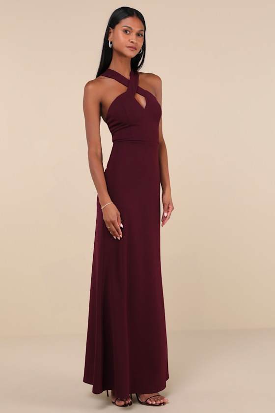 Keep You Enchanted Dark Purple Cutout Halter Mermaid Maxi Dress