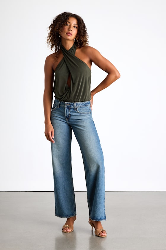 Jamison Dark Green Jersey Knit Cross-Front Halter Bodysuit