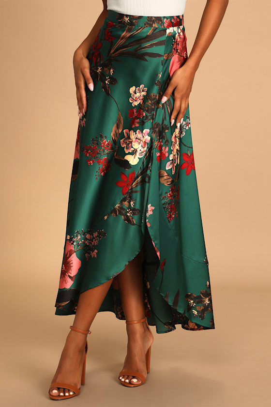 Superbly Stunning Emerald Green Floral Print Satin Maxi Skirt